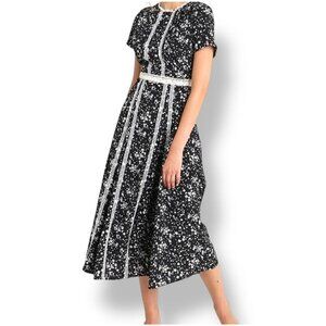 Sister Jane Black Floral Midi Dress Lace Trim Size Medium Cottagecore Prairie